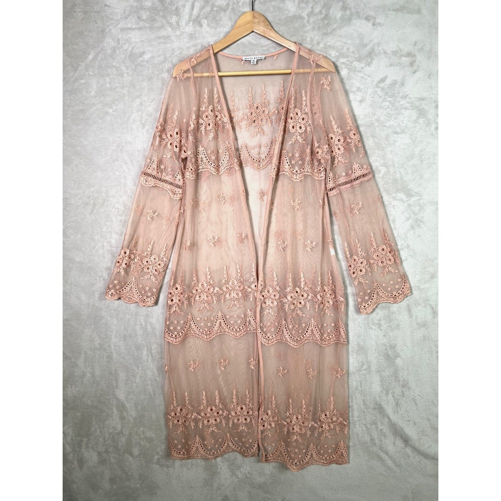 Haute Monde XL Pink Embroidered Mesh Lace Duster Kimono Cardigan Boho Festival